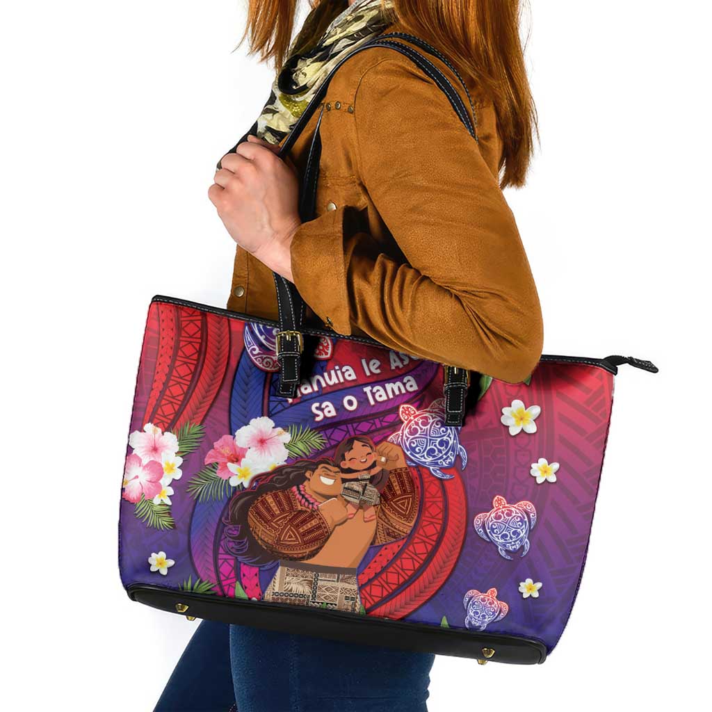 Samoa Father's Day Leather Tote Bag Happy Father And Child