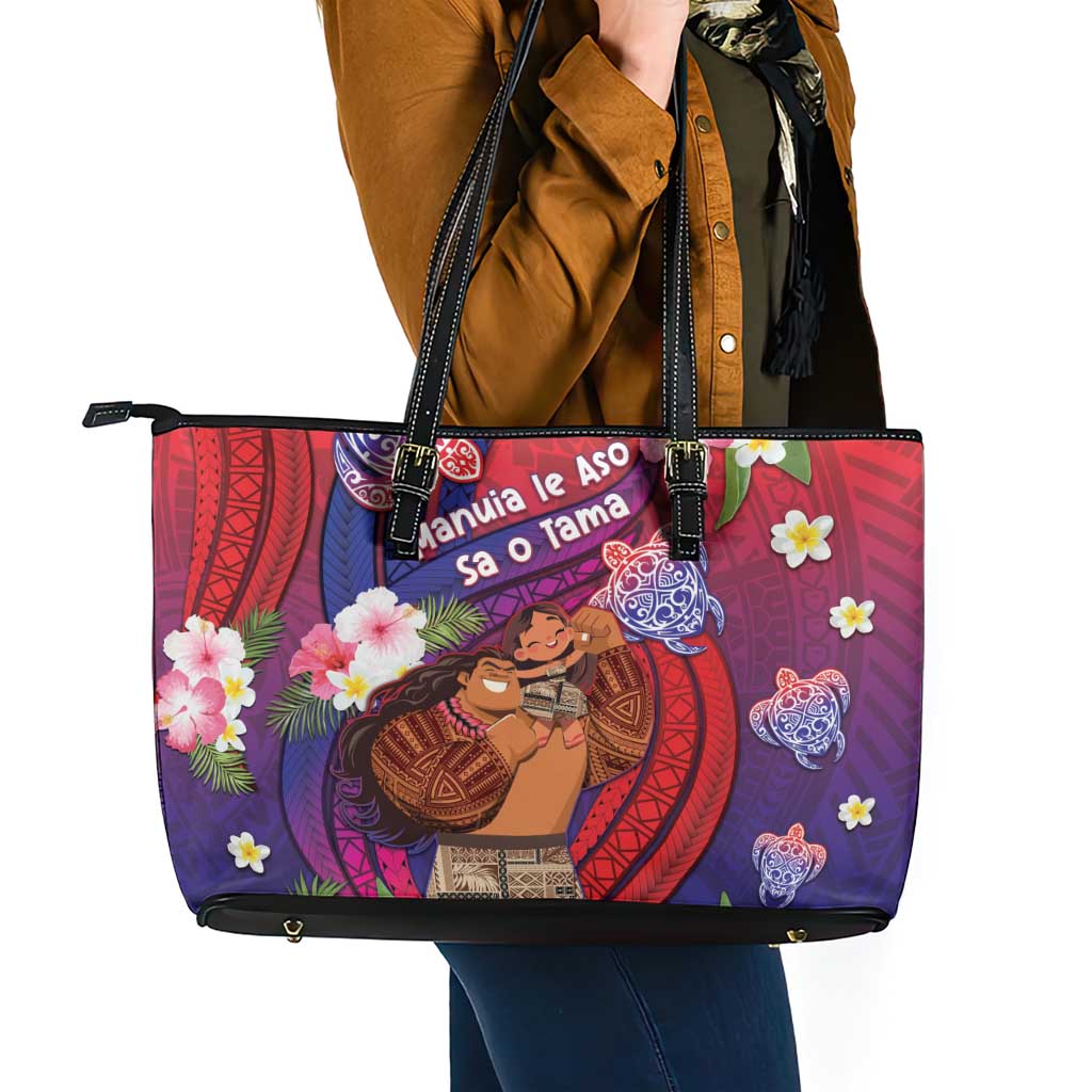 Samoa Father's Day Leather Tote Bag Happy Father And Child