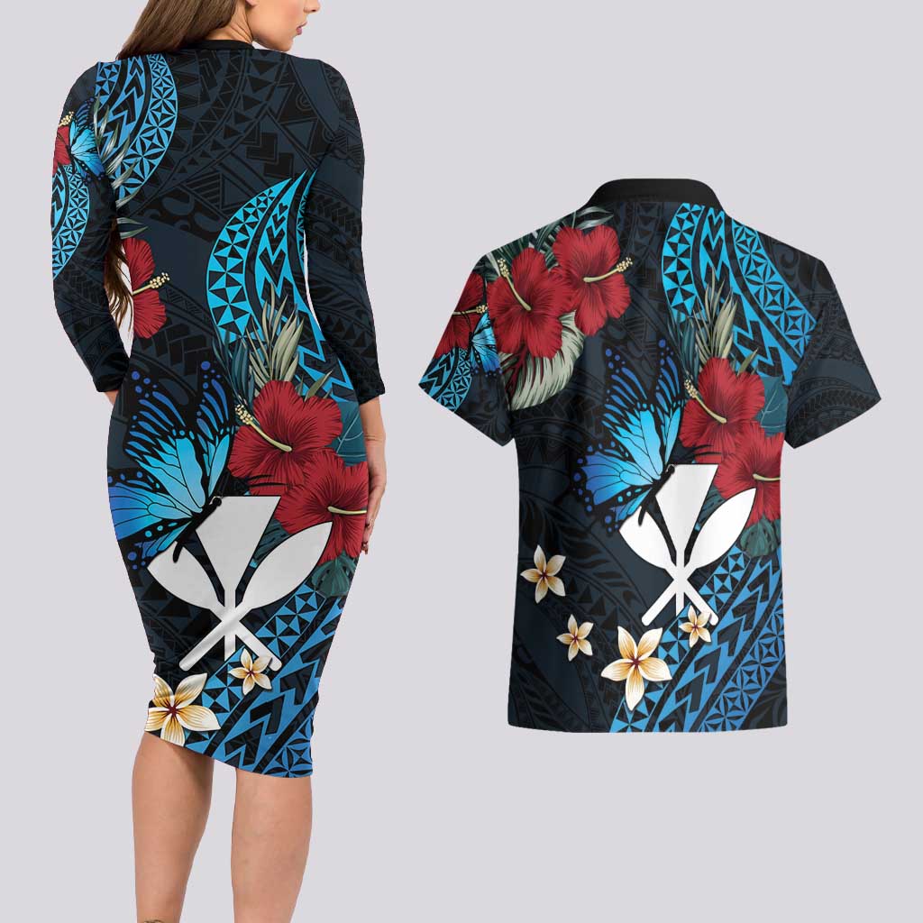 Hawaii Butterfly Couples Matching Long Sleeve Bodycon Dress and Hawaiian Shirt Kanaka Maoli Mix Hibiscus DT04 - Polynesian Pride