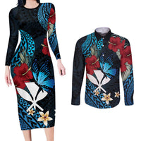 Hawaii Butterfly Couples Matching Long Sleeve Bodycon Dress and Long Sleeve Button Shirt Kanaka Maoli Mix Hibiscus DT04 Black - Polynesian Pride