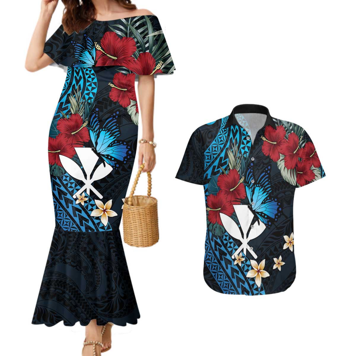 Hawaii Butterfly Couples Matching Mermaid Dress and Hawaiian Shirt Kanaka Maoli Mix Hibiscus DT04 Black - Polynesian Pride