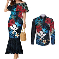 Hawaii Butterfly Couples Matching Mermaid Dress and Long Sleeve Button Shirt Kanaka Maoli Mix Hibiscus DT04 Black - Polynesian Pride
