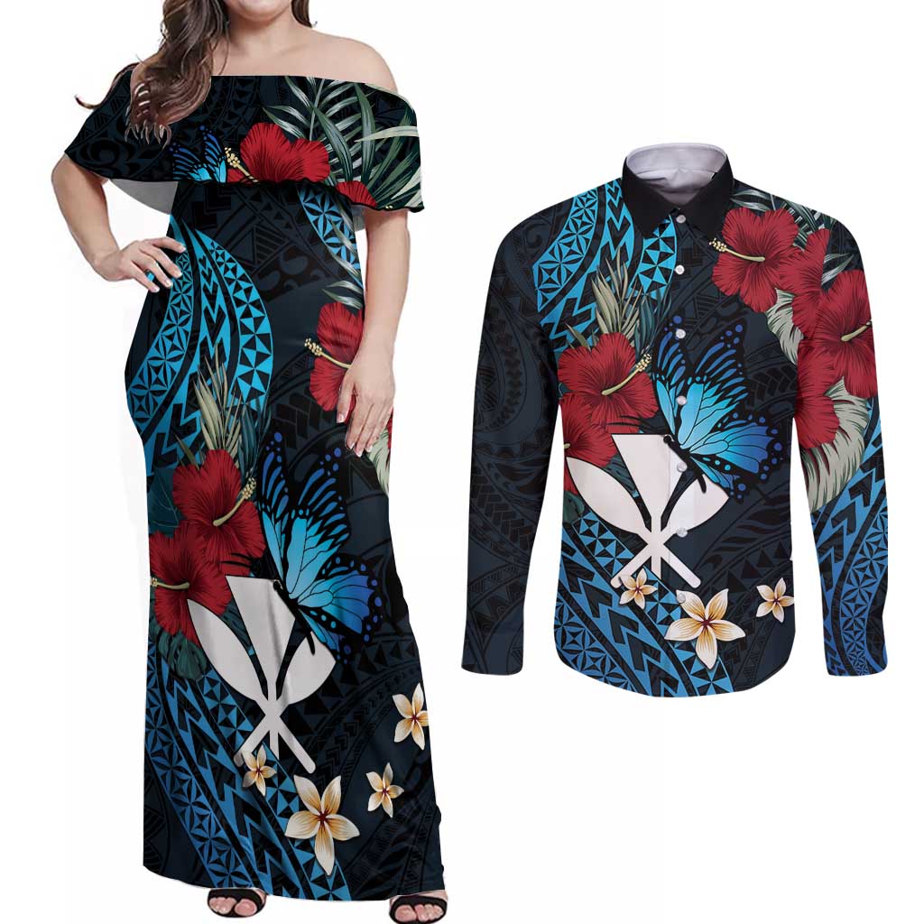 Hawaii Butterfly Couples Matching Off Shoulder Maxi Dress and Long Sleeve Button Shirt Kanaka Maoli Mix Hibiscus DT04 Black - Polynesian Pride