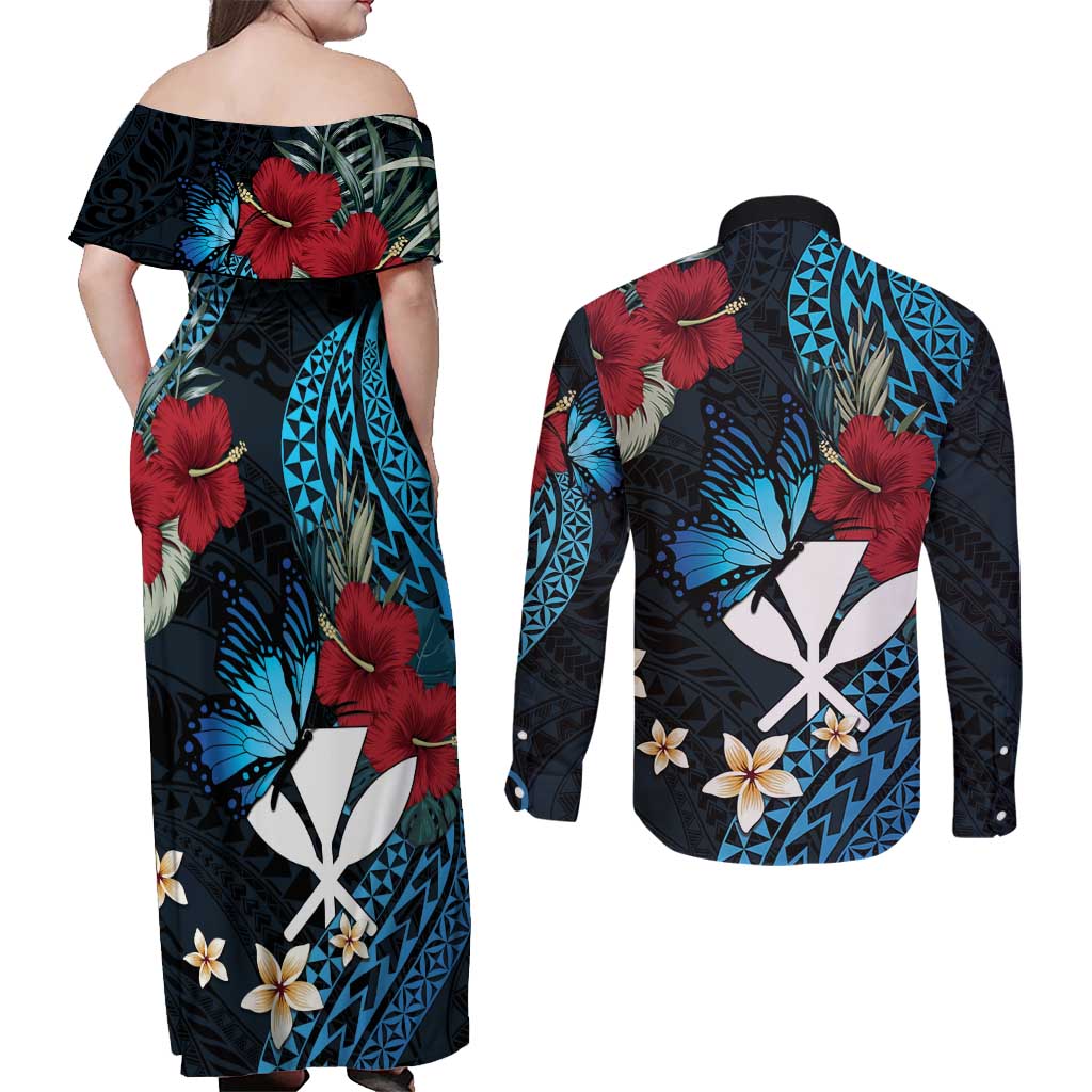 Hawaii Butterfly Couples Matching Off Shoulder Maxi Dress and Long Sleeve Button Shirt Kanaka Maoli Mix Hibiscus DT04 - Polynesian Pride