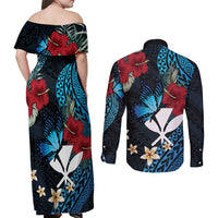 Hawaii Butterfly Couples Matching Off Shoulder Maxi Dress and Long Sleeve Button Shirt Kanaka Maoli Mix Hibiscus DT04 - Polynesian Pride