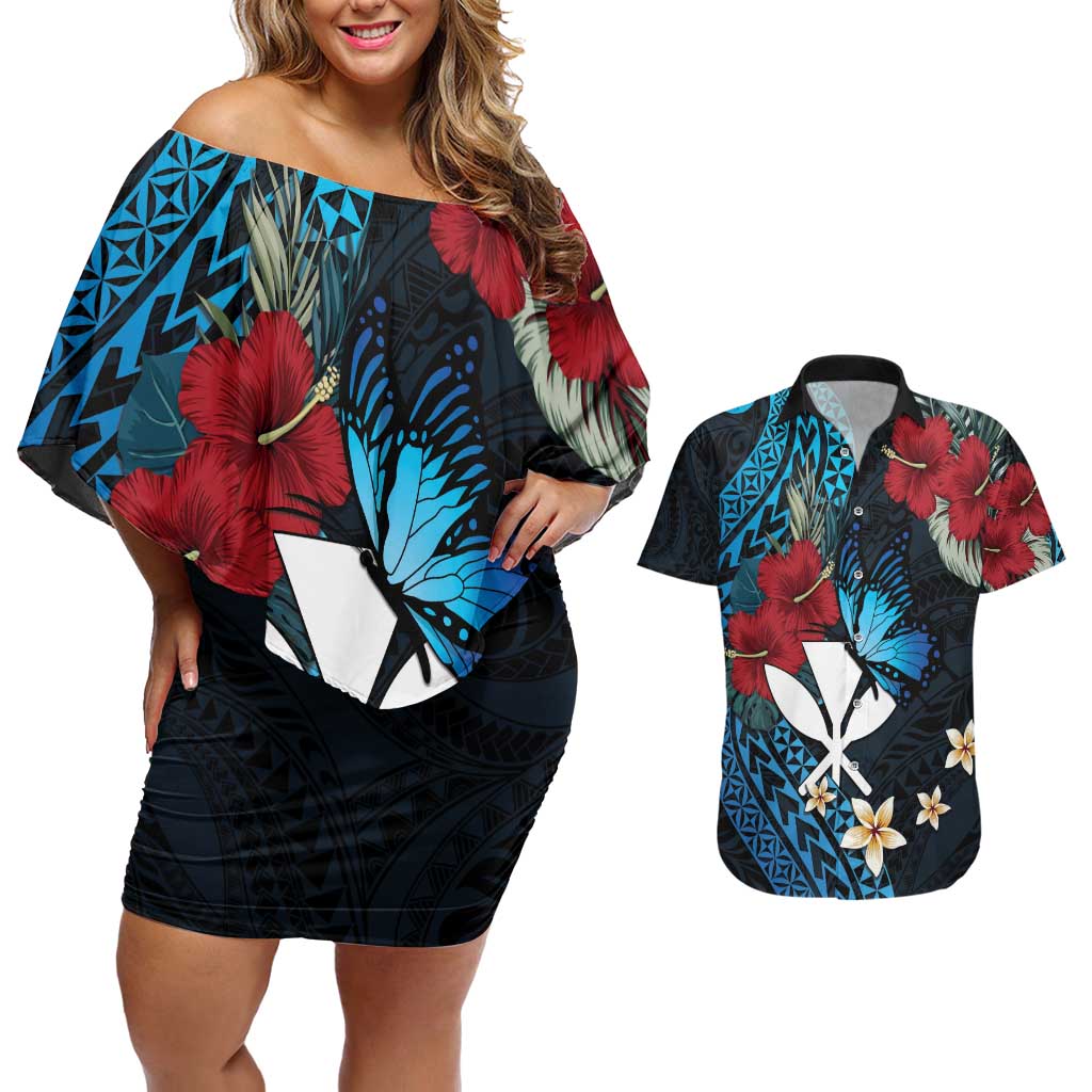 Hawaii Butterfly Couples Matching Off Shoulder Short Dress and Hawaiian Shirt Kanaka Maoli Mix Hibiscus DT04 Black - Polynesian Pride