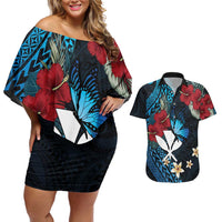 Hawaii Butterfly Couples Matching Off Shoulder Short Dress and Hawaiian Shirt Kanaka Maoli Mix Hibiscus DT04 Black - Polynesian Pride
