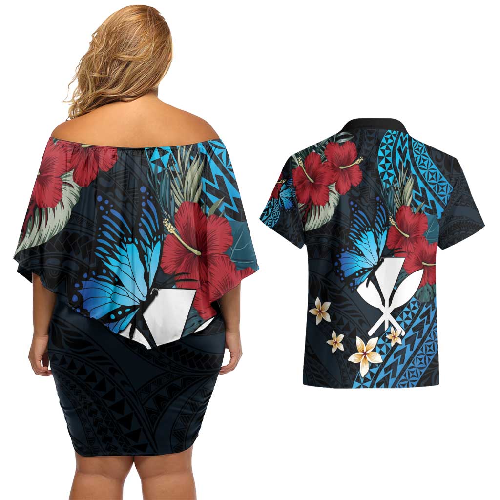 Hawaii Butterfly Couples Matching Off Shoulder Short Dress and Hawaiian Shirt Kanaka Maoli Mix Hibiscus DT04 - Polynesian Pride