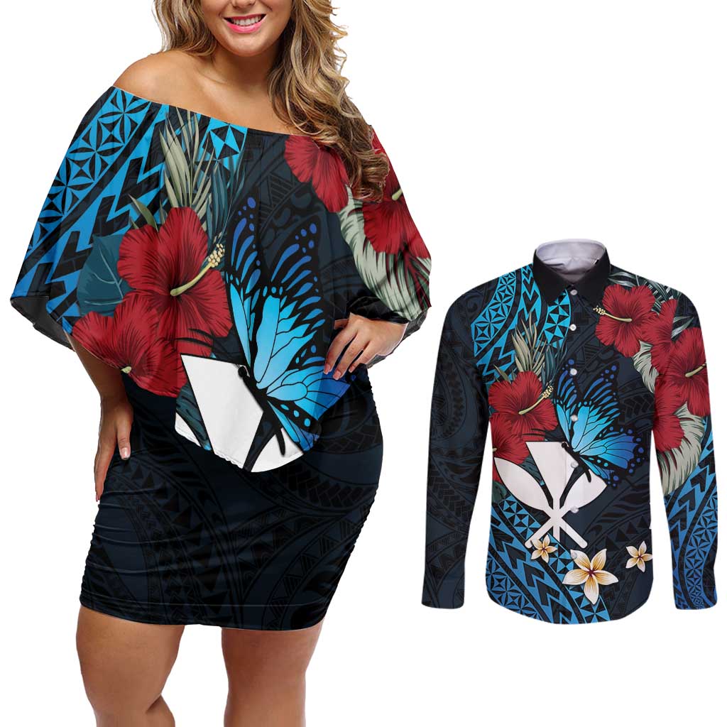 Hawaii Butterfly Couples Matching Off Shoulder Short Dress and Long Sleeve Button Shirt Kanaka Maoli Mix Hibiscus DT04 Black - Polynesian Pride