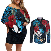 Hawaii Butterfly Couples Matching Off Shoulder Short Dress and Long Sleeve Button Shirt Kanaka Maoli Mix Hibiscus DT04 Black - Polynesian Pride