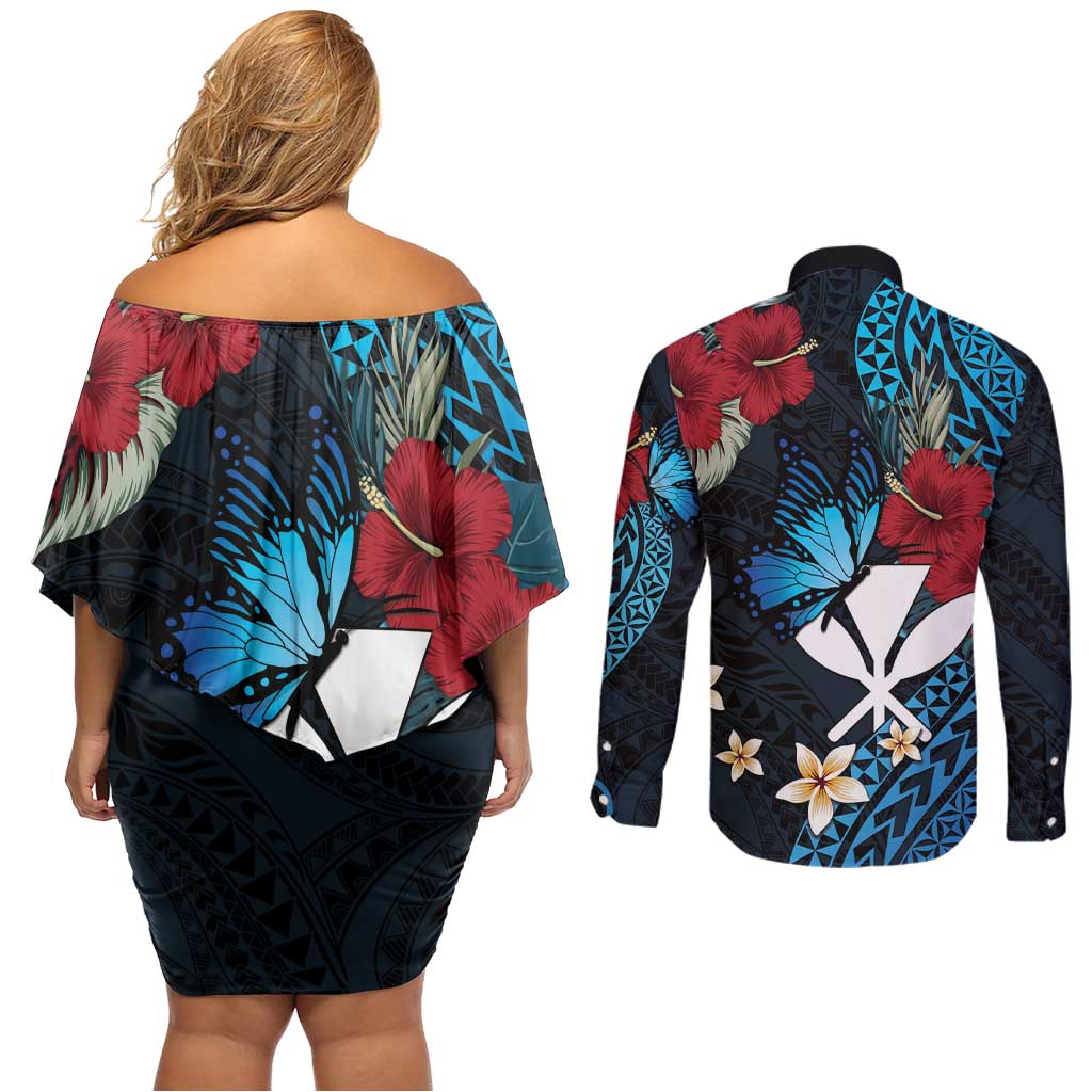 Hawaii Butterfly Couples Matching Off Shoulder Short Dress and Long Sleeve Button Shirt Kanaka Maoli Mix Hibiscus DT04 - Polynesian Pride