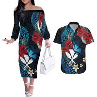 Hawaii Butterfly Couples Matching Off The Shoulder Long Sleeve Dress and Hawaiian Shirt Kanaka Maoli Mix Hibiscus DT04 Black - Polynesian Pride