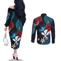 Hawaii Butterfly Couples Matching Off The Shoulder Long Sleeve Dress and Long Sleeve Button Shirt Kanaka Maoli Mix Hibiscus DT04 - Polynesian Pride