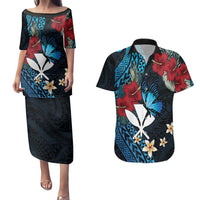 Hawaii Butterfly Couples Matching Puletasi and Hawaiian Shirt Kanaka Maoli Mix Hibiscus DT04 Black - Polynesian Pride