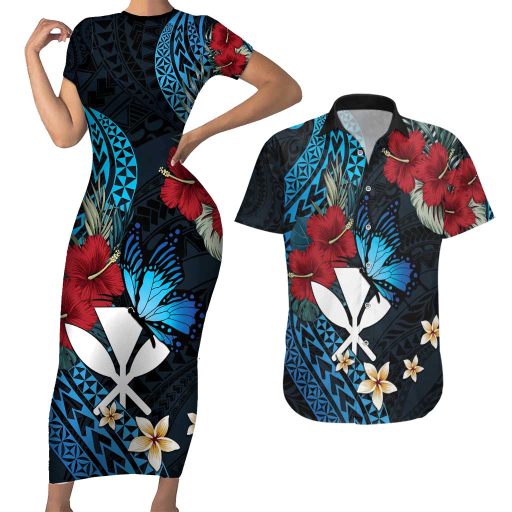 Hawaii Butterfly Couples Matching Short Sleeve Bodycon Dress and Hawaiian Shirt Kanaka Maoli Mix Hibiscus DT04 Black - Polynesian Pride