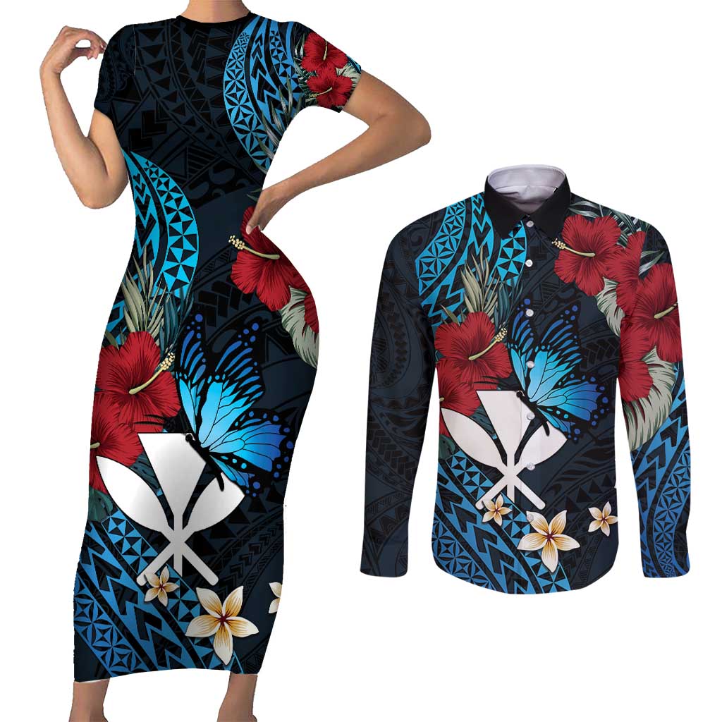 Hawaii Butterfly Couples Matching Short Sleeve Bodycon Dress and Long Sleeve Button Shirt Kanaka Maoli Mix Hibiscus DT04 Black - Polynesian Pride