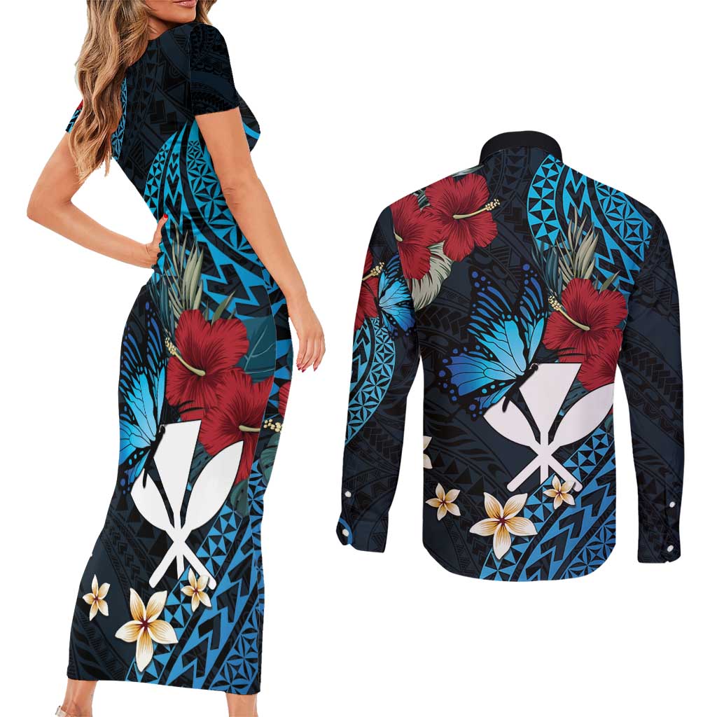 Hawaii Butterfly Couples Matching Short Sleeve Bodycon Dress and Long Sleeve Button Shirt Kanaka Maoli Mix Hibiscus DT04 - Polynesian Pride