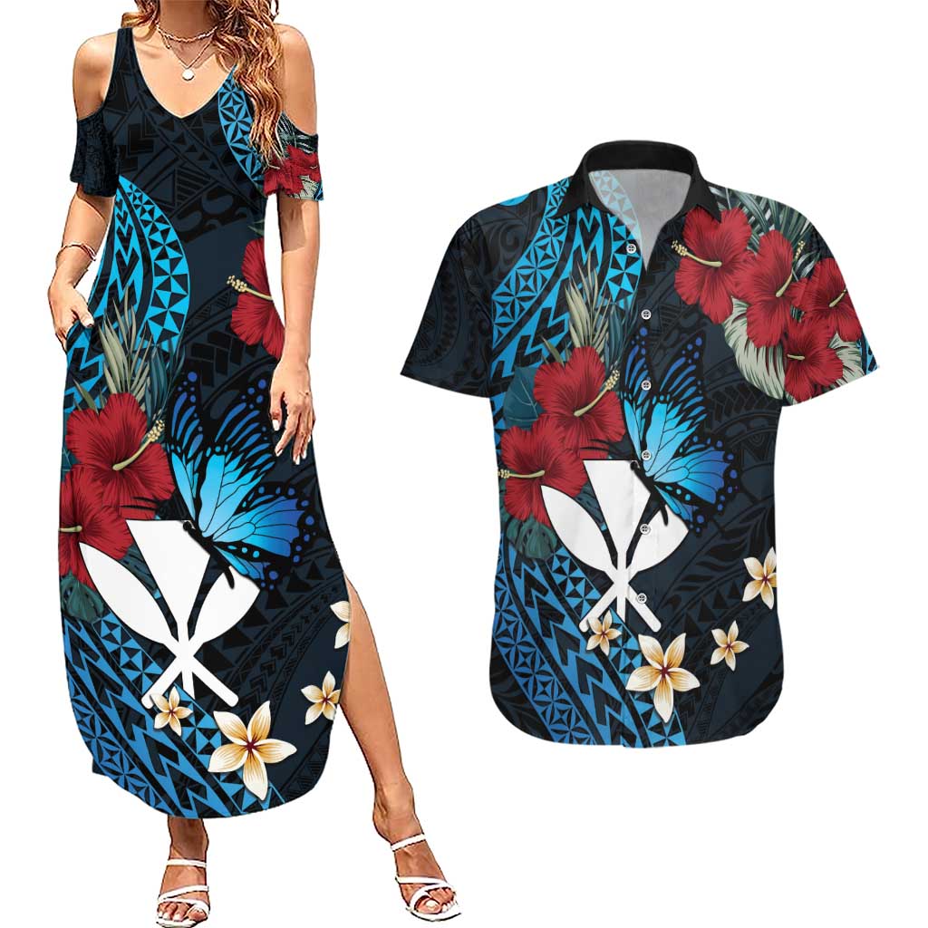 Hawaii Butterfly Couples Matching Summer Maxi Dress and Hawaiian Shirt Kanaka Maoli Mix Hibiscus DT04 Black - Polynesian Pride