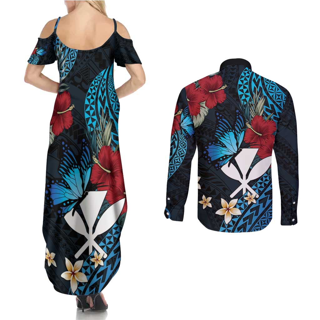 Hawaii Butterfly Couples Matching Summer Maxi Dress and Long Sleeve Button Shirt Kanaka Maoli Mix Hibiscus DT04 - Polynesian Pride