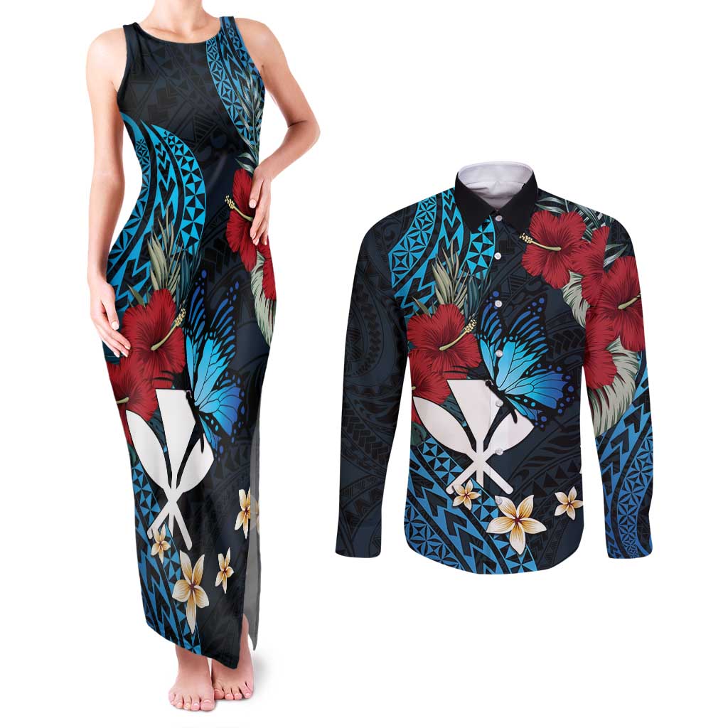 Hawaii Butterfly Couples Matching Tank Maxi Dress and Long Sleeve Button Shirt Kanaka Maoli Mix Hibiscus DT04 Black - Polynesian Pride