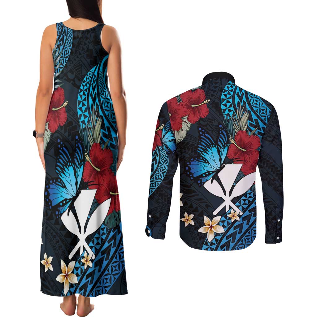 Hawaii Butterfly Couples Matching Tank Maxi Dress and Long Sleeve Button Shirt Kanaka Maoli Mix Hibiscus DT04 - Polynesian Pride