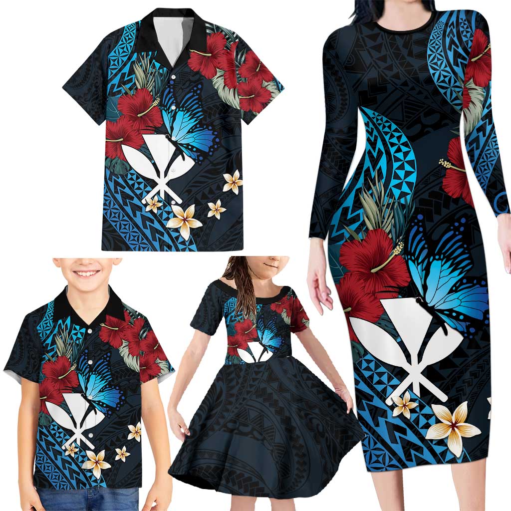 Hawaii Butterfly Family Matching Long Sleeve Bodycon Dress and Hawaiian Shirt Kanaka Maoli Mix Hibiscus DT04 - Polynesian Pride