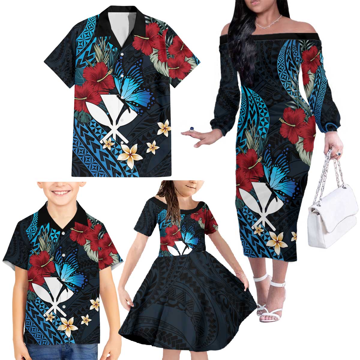 Hawaii Butterfly Family Matching Off The Shoulder Long Sleeve Dress and Hawaiian Shirt Kanaka Maoli Mix Hibiscus DT04 - Polynesian Pride