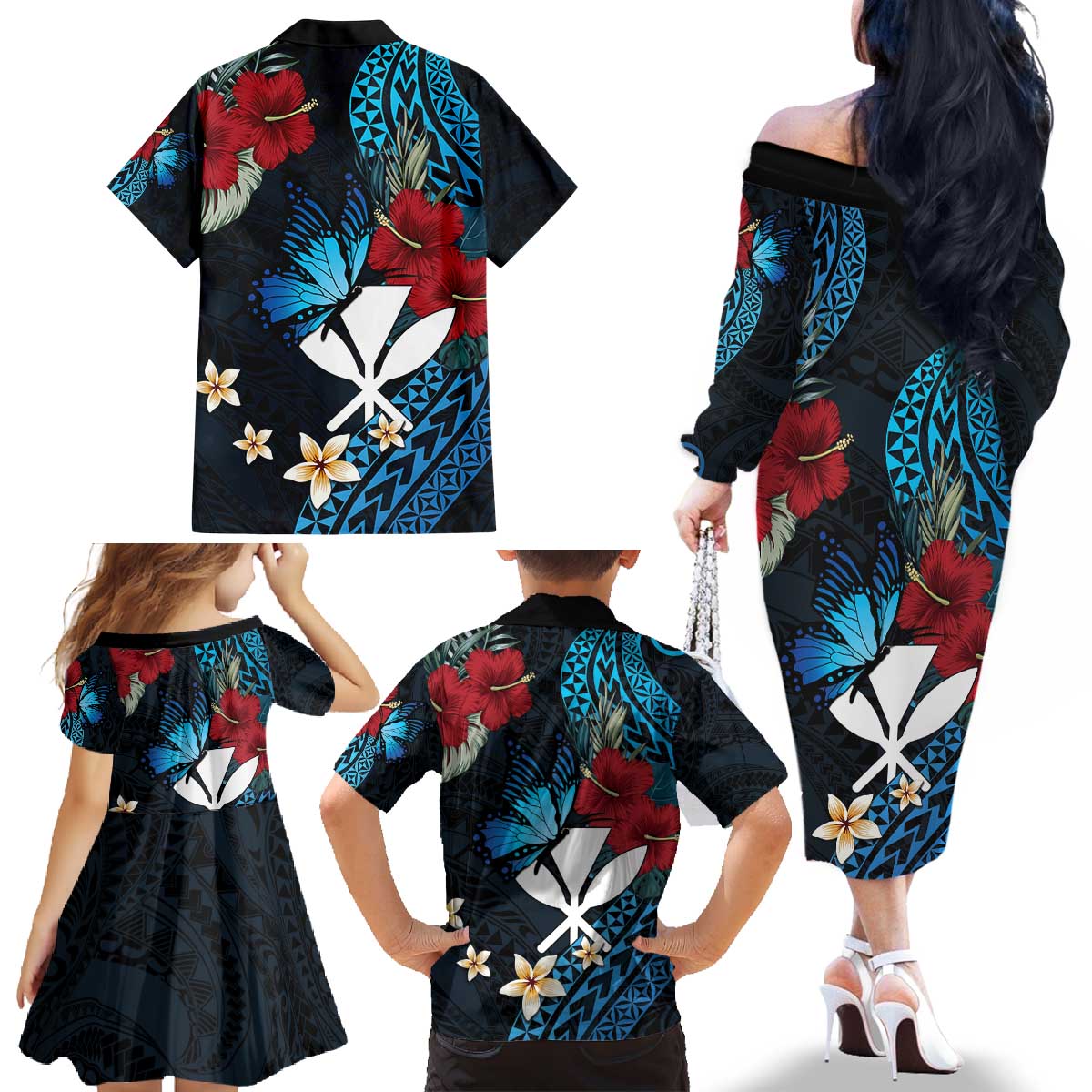 Hawaii Butterfly Family Matching Off The Shoulder Long Sleeve Dress and Hawaiian Shirt Kanaka Maoli Mix Hibiscus DT04 - Polynesian Pride