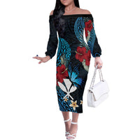 Hawaii Butterfly Family Matching Off The Shoulder Long Sleeve Dress and Hawaiian Shirt Kanaka Maoli Mix Hibiscus DT04 Mom's Dress Black - Polynesian Pride