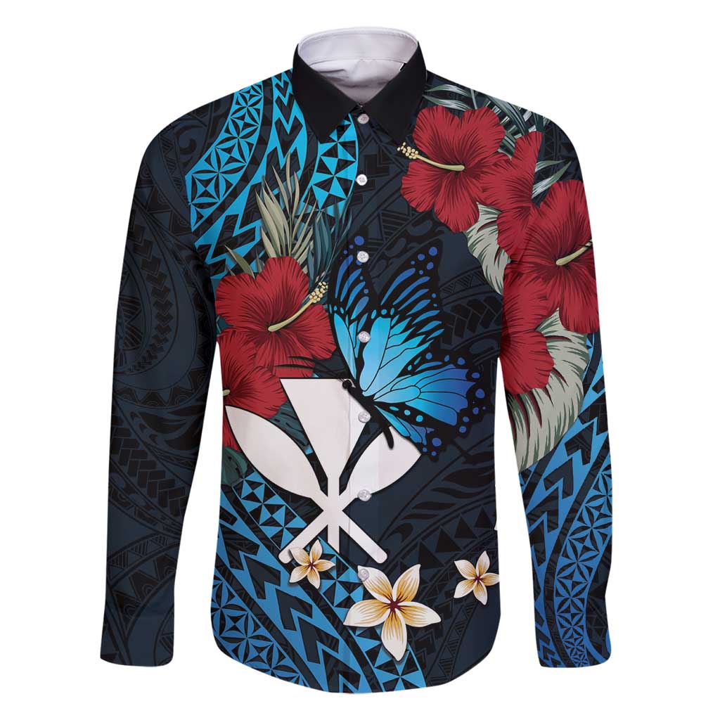 Hawaii Butterfly Family Matching Off Shoulder Maxi Dress and Hawaiian Shirt Kanaka Maoli Mix Hibiscus DT04 Dad's Shirt - Long Sleeve Black - Polynesian Pride