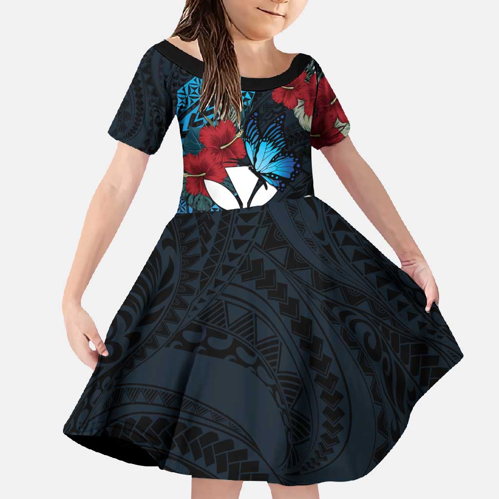 Hawaii Butterfly Family Matching Summer Maxi Dress and Hawaiian Shirt Kanaka Maoli Mix Hibiscus DT04 Daughter's Dress Black - Polynesian Pride