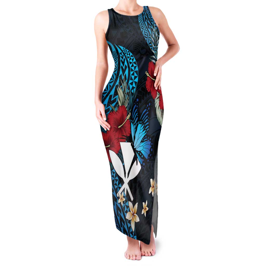 Hawaii Butterfly Family Matching Tank Maxi Dress and Hawaiian Shirt Kanaka Maoli Mix Hibiscus DT04 Mom's Dress Black - Polynesian Pride