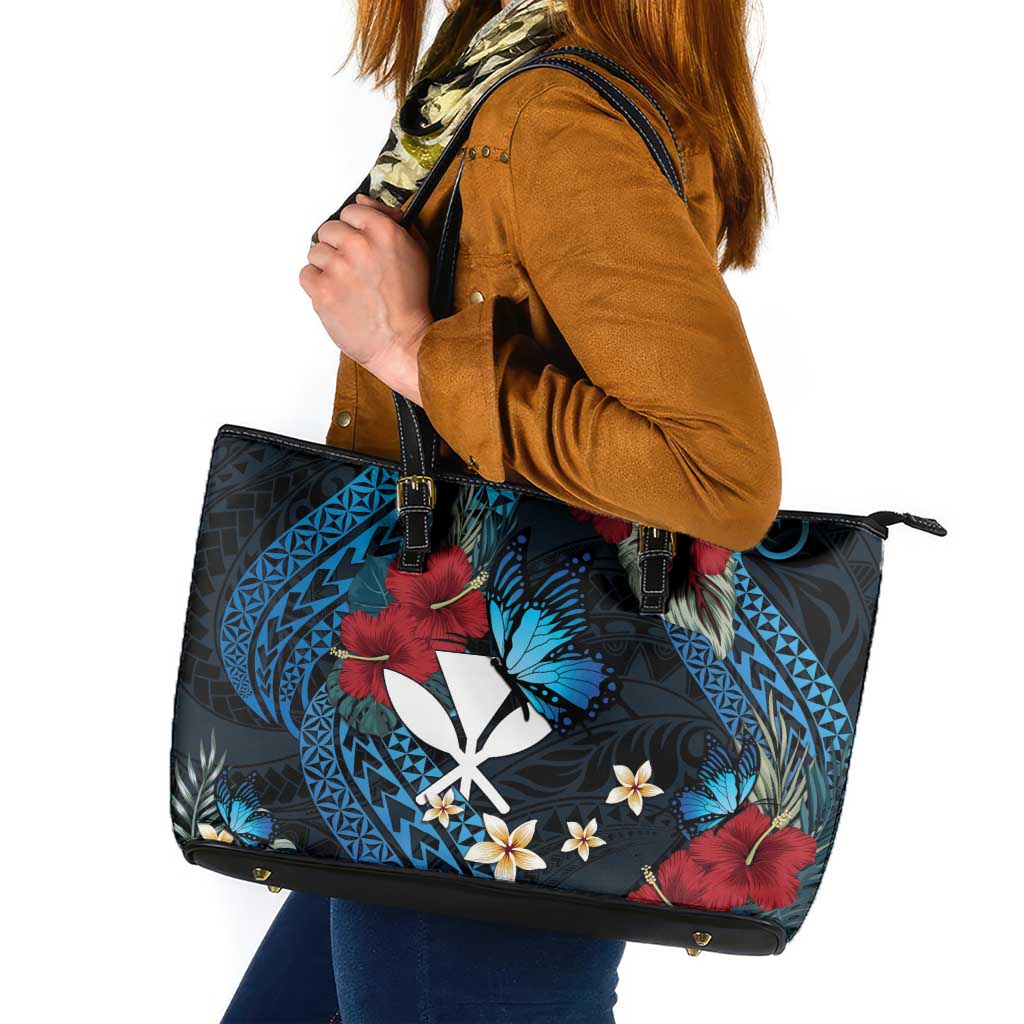 Hawaii Butterfly Leather Tote Bag Kanaka Maoli Mix Hibiscus DT04 Black - Polynesian Pride
