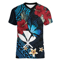 Hawaii Butterfly Women V-Neck T-Shirt Kanaka Maoli Mix Hibiscus DT04 Female Black - Polynesian Pride