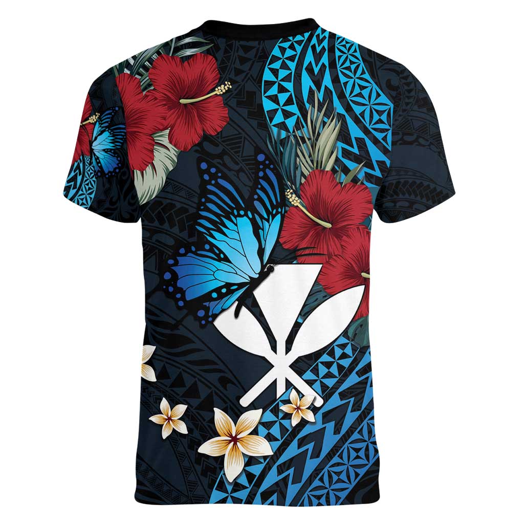 Hawaii Butterfly Women V-Neck T-Shirt Kanaka Maoli Mix Hibiscus DT04 - Polynesian Pride