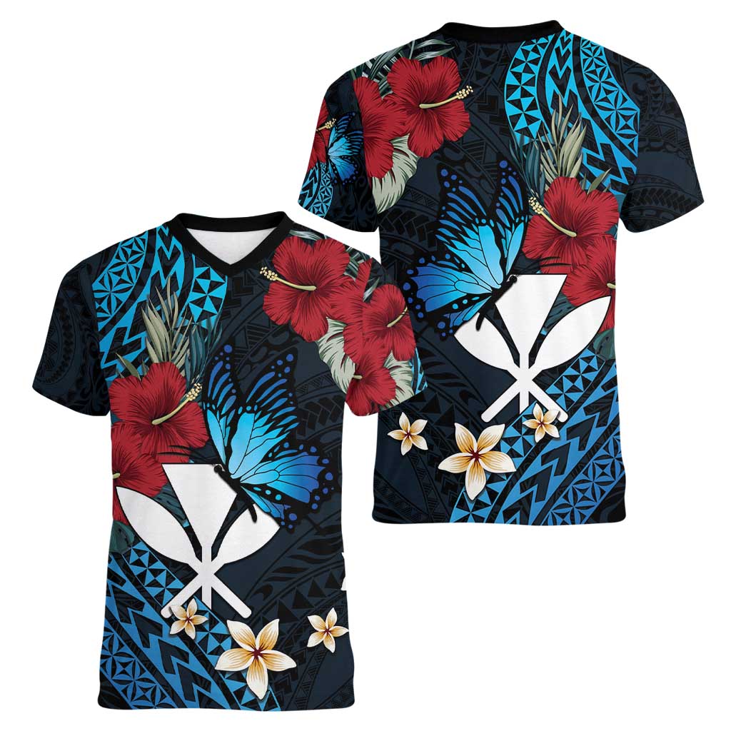 Hawaii Butterfly Women V-Neck T-Shirt Kanaka Maoli Mix Hibiscus DT04 - Polynesian Pride