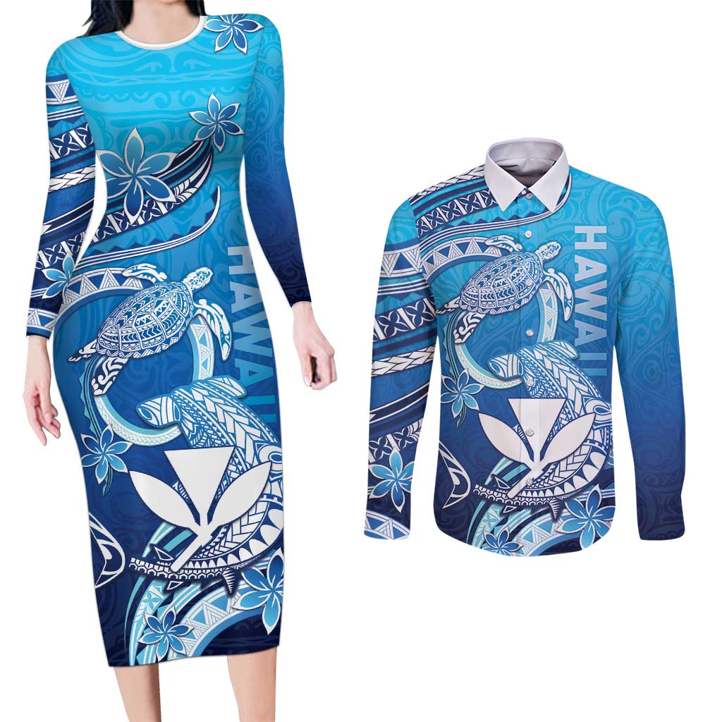 Hawaii Couples Matching Long Sleeve Bodycon Dress and Long Sleeve Button Shirt Turtle With Hammerhead Shark Oceanic DT04 Blue - Polynesian Pride