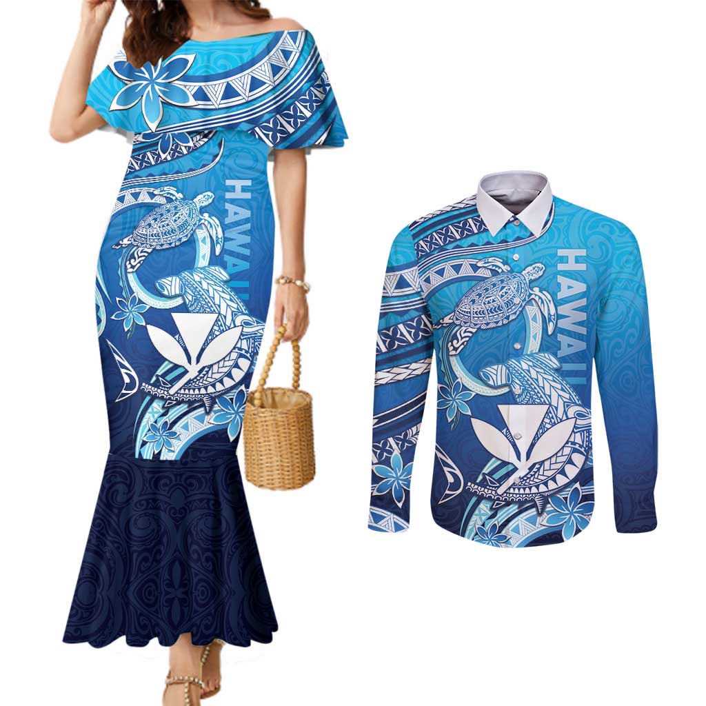 Hawaii Couples Matching Mermaid Dress and Long Sleeve Button Shirt Turtle With Hammerhead Shark Oceanic DT04 Blue - Polynesian Pride