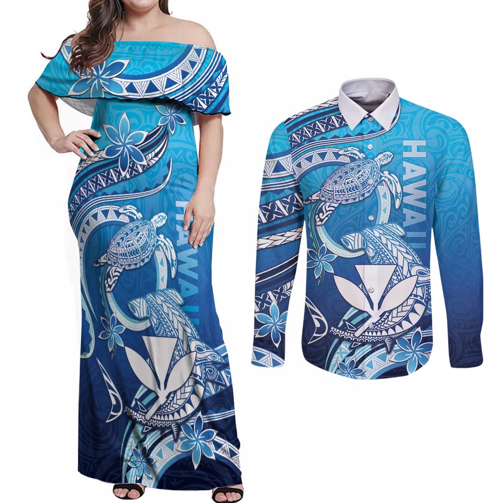 Hawaii Couples Matching Off Shoulder Maxi Dress and Long Sleeve Button Shirt Turtle With Hammerhead Shark Oceanic DT04 Blue - Polynesian Pride