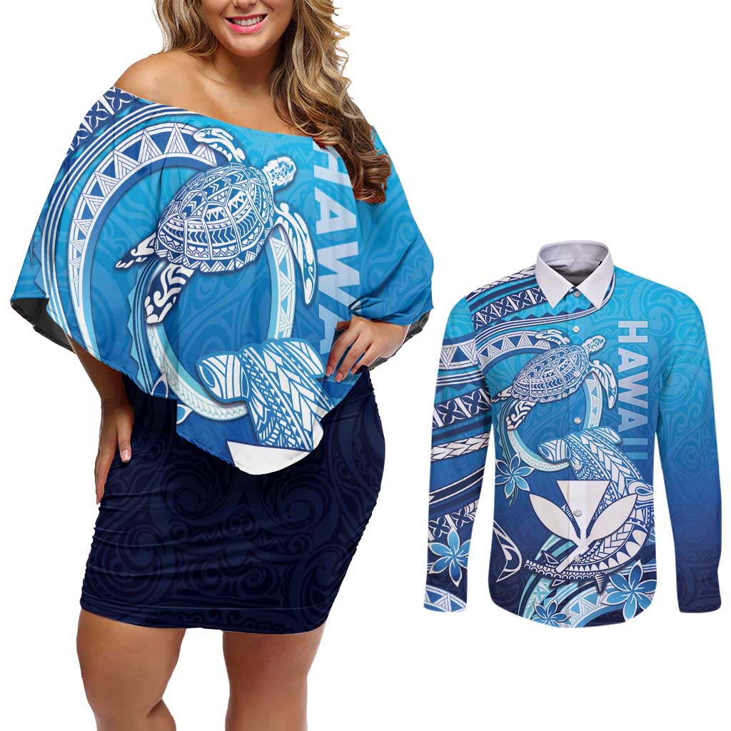 Hawaii Couples Matching Off Shoulder Short Dress and Long Sleeve Button Shirt Turtle With Hammerhead Shark Oceanic DT04 Blue - Polynesian Pride