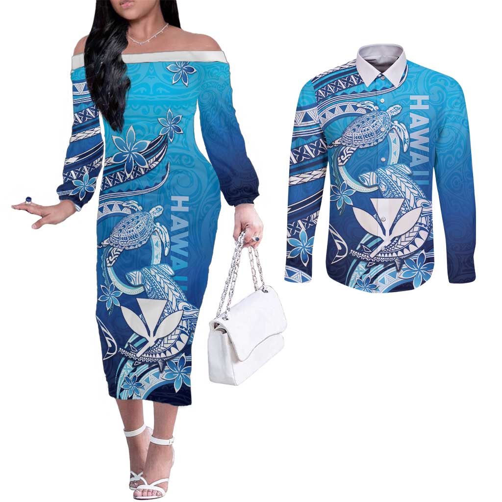 Hawaii Couples Matching Off The Shoulder Long Sleeve Dress and Long Sleeve Button Shirt Turtle With Hammerhead Shark Oceanic DT04 Blue - Polynesian Pride