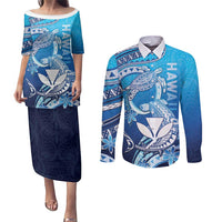 Hawaii Couples Matching Puletasi and Long Sleeve Button Shirt Turtle With Hammerhead Shark Oceanic