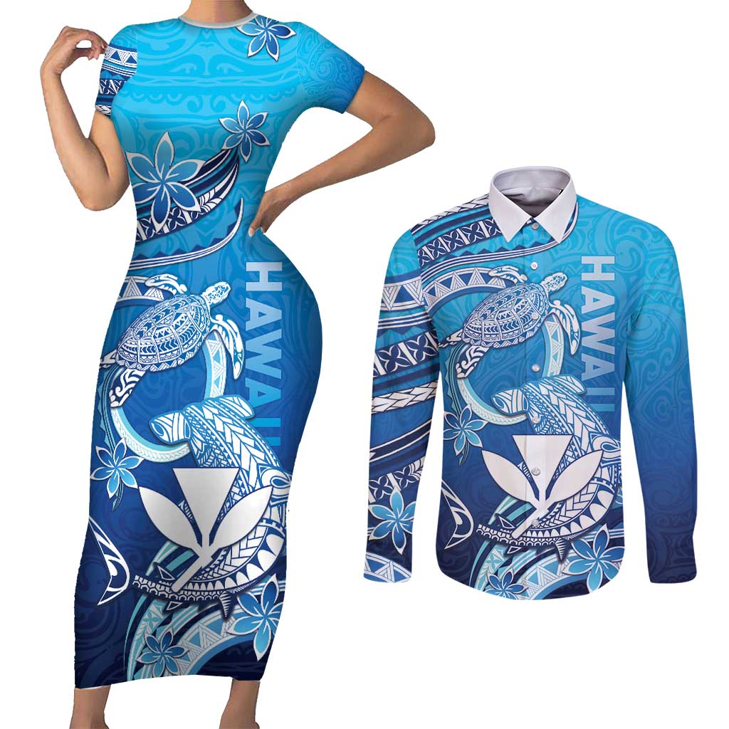 Hawaii Couples Matching Short Sleeve Bodycon Dress and Long Sleeve Button Shirt Turtle With Hammerhead Shark Oceanic DT04 Blue - Polynesian Pride