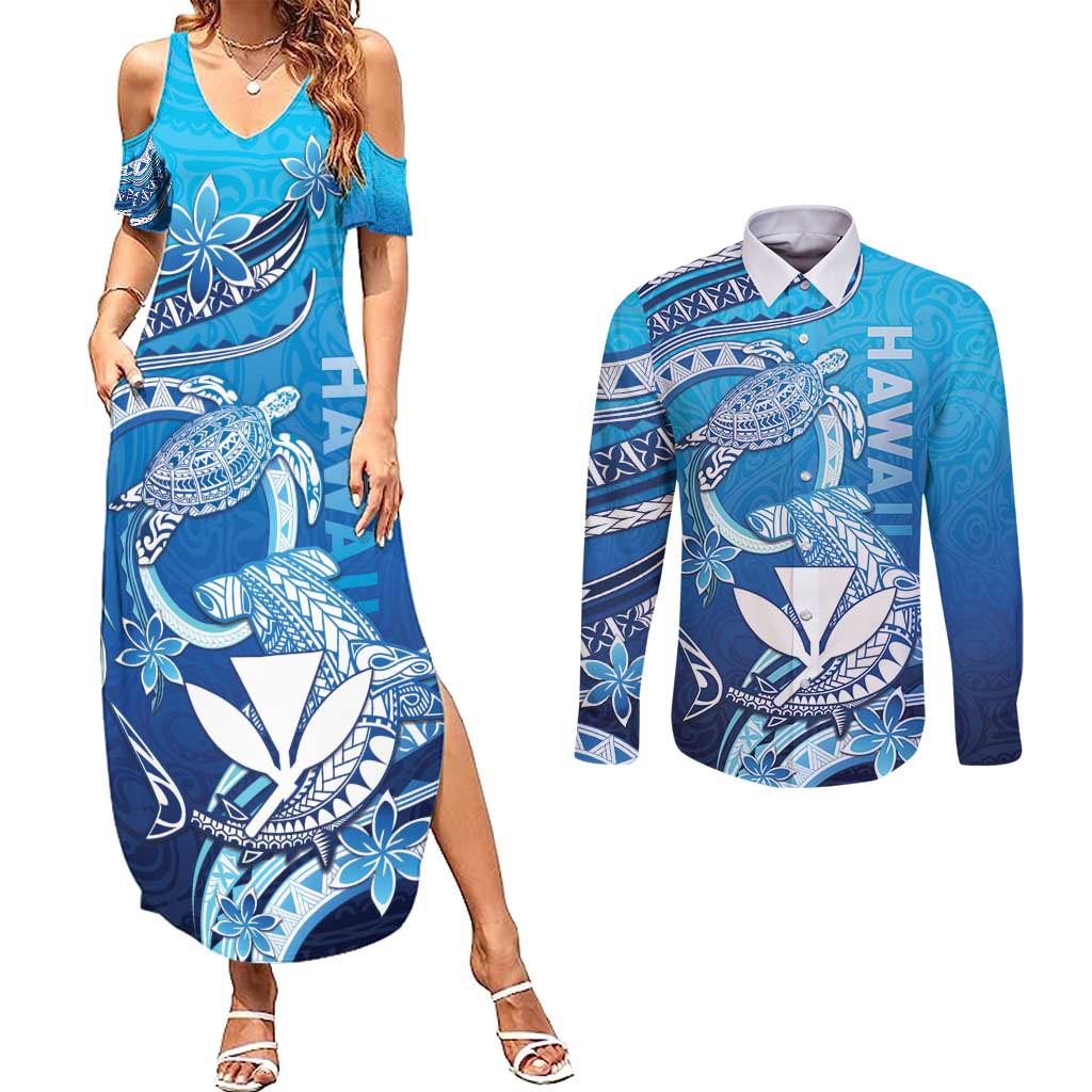 Hawaii Couples Matching Summer Maxi Dress and Long Sleeve Button Shirt Turtle With Hammerhead Shark Oceanic DT04 Blue - Polynesian Pride
