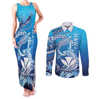 Hawaii Couples Matching Tank Maxi Dress and Long Sleeve Button Shirt Turtle With Hammerhead Shark Oceanic DT04 Blue - Polynesian Pride