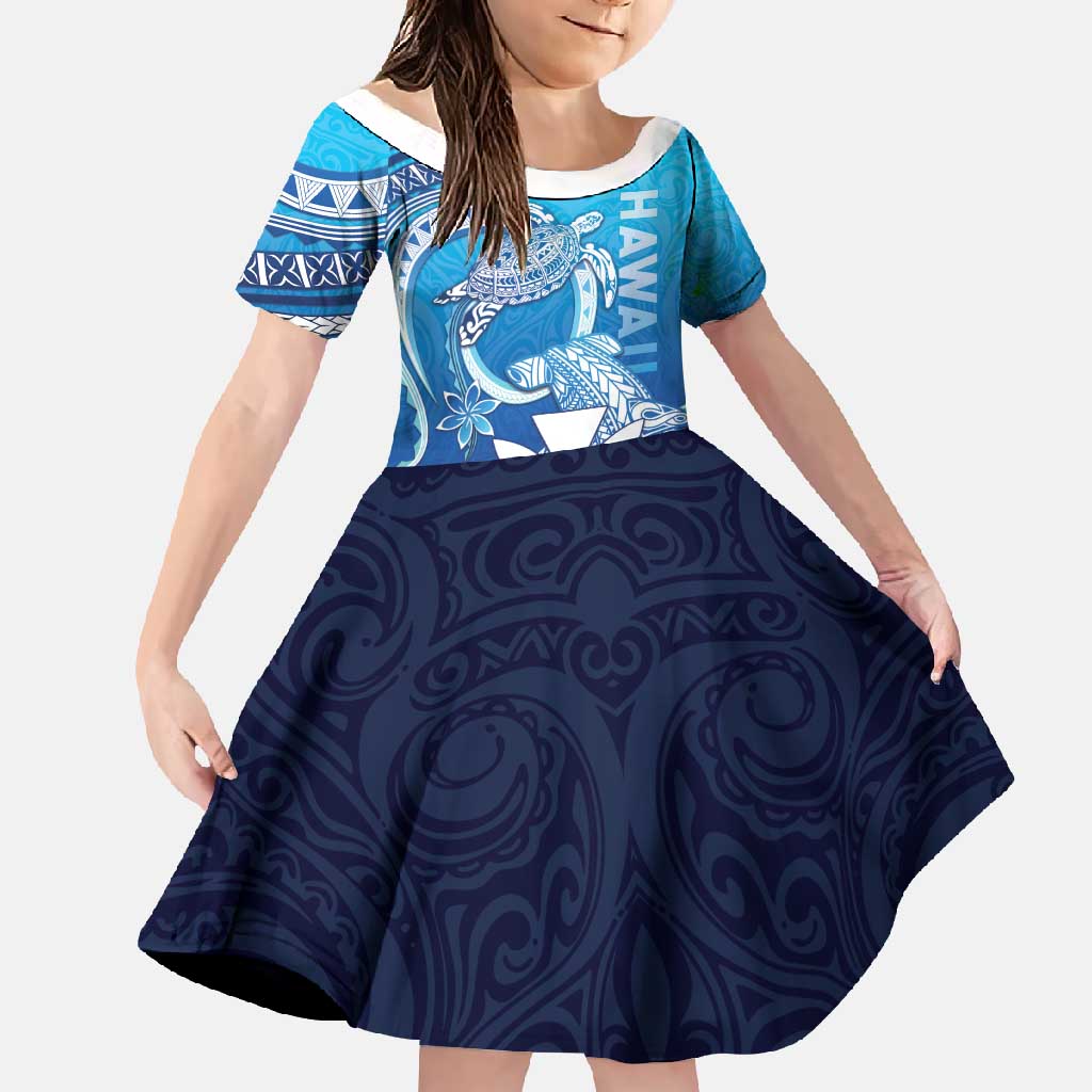 Hawaii Family Matching Long Sleeve Bodycon Dress and Hawaiian Shirt Turtle With Hammerhead Shark Oceanic DT04 Daughter's Dress Blue - Polynesian Pride