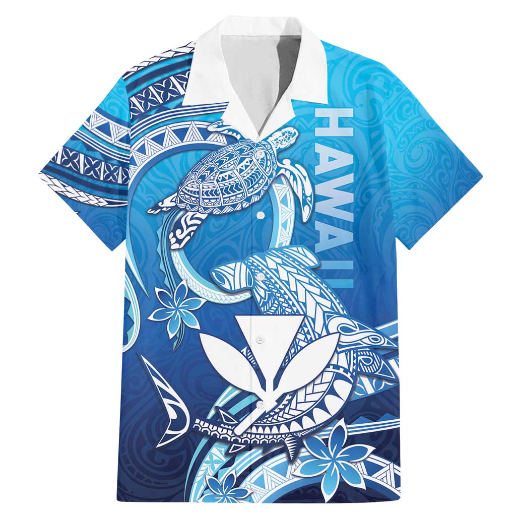 Hawaii Family Matching Mermaid Dress and Hawaiian Shirt Turtle With Hammerhead Shark Oceanic DT04 Dad's Shirt - Short Sleeve Blue - Polynesian Pride