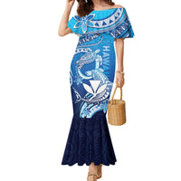 Hawaii Family Matching Mermaid Dress and Hawaiian Shirt Turtle With Hammerhead Shark Oceanic DT04 Mom's Dress Blue - Polynesian Pride
