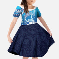 Hawaii Family Matching Off The Shoulder Long Sleeve Dress and Hawaiian Shirt Turtle With Hammerhead Shark Oceanic DT04 Daughter's Dress Blue - Polynesian Pride