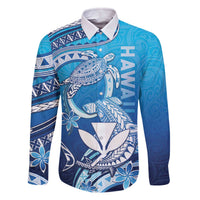 Hawaii Family Matching Off The Shoulder Long Sleeve Dress and Hawaiian Shirt Turtle With Hammerhead Shark Oceanic DT04 Dad's Shirt - Long Sleeve Blue - Polynesian Pride